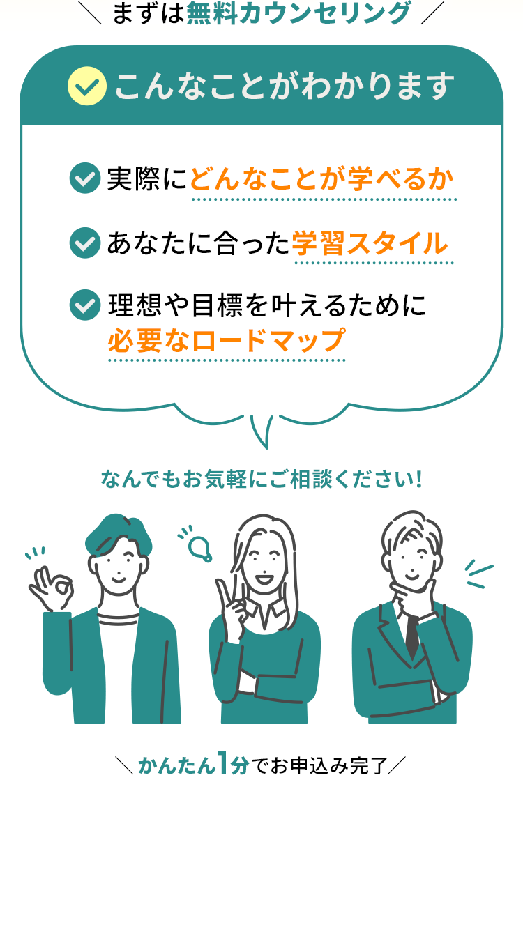 こんなことがわかります 実際にどんなことが学べるか あなたに合った学習スタイル 理想や目標を叶えるために必要なロードマップ