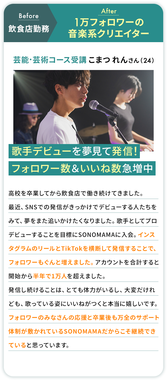 飲食店勤務→1万フォロワーの音楽系クリエイター 芸能・芸術コース受講 こまつ れんさん（24）