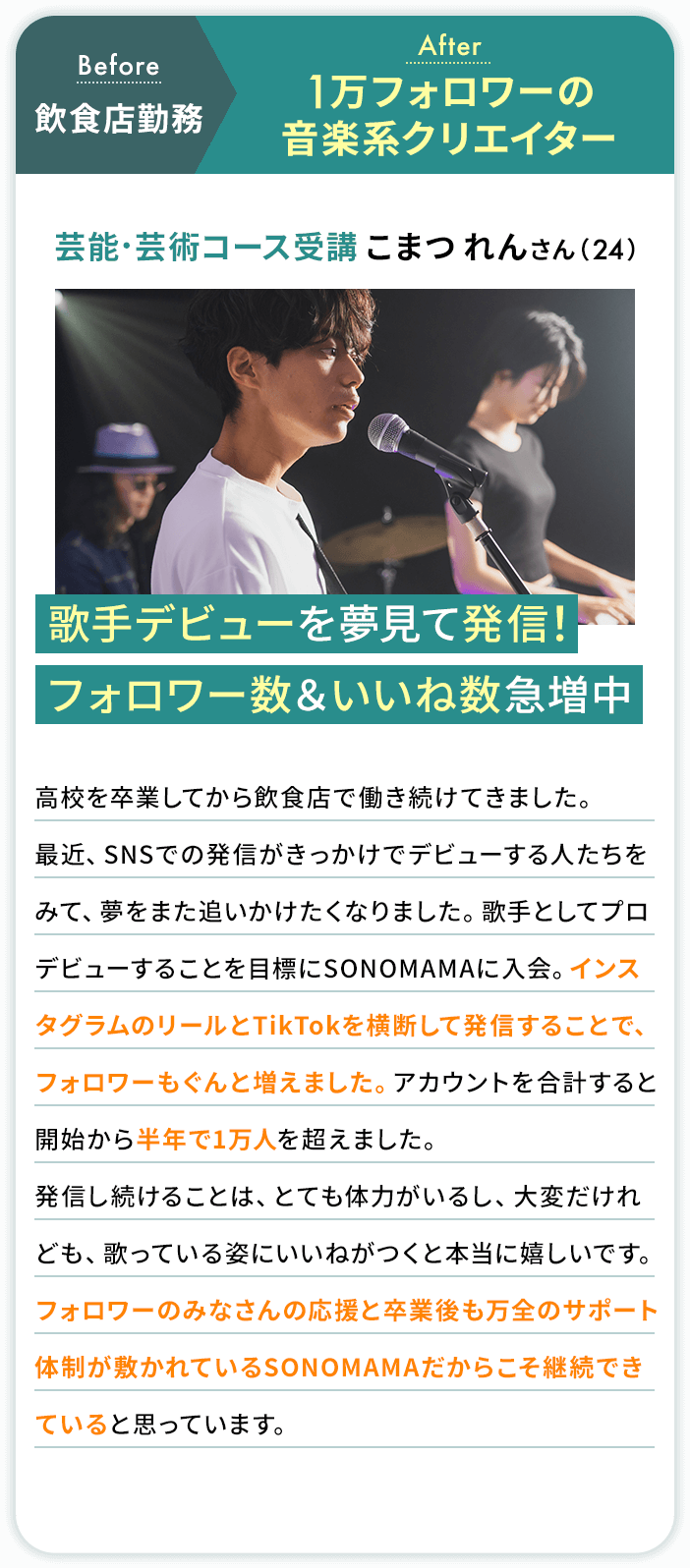 飲食店勤務→1万フォロワーの音楽系クリエイター 芸能・芸術コース受講 こまつ れんさん(24)