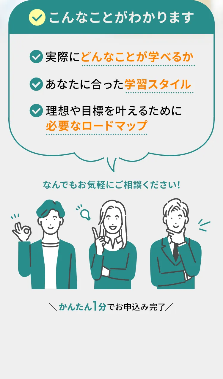 こんなことがわかります 実際にどんなことが学べるか あなたに合った学習スタイル 理想や目標を叶えるために必要なロードマップ
