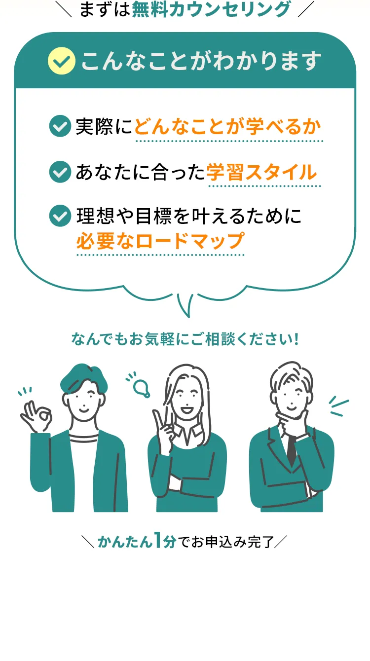 こんなことがわかります 実際にどんなことが学べるか あなたに合った学習スタイル 理想や目標を叶えるために必要なロードマップ